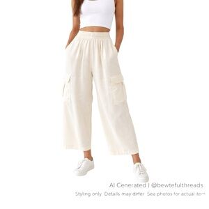Cream Wide Leg Cargo Pants S–XL Elastic High Rise Cropped